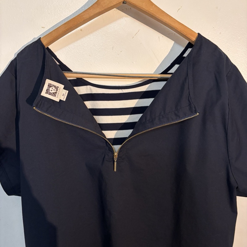 Anne Klein Womens Blouse 3XL Cap Sleeve Round Neck Blue/Stripes High-low - Picture 6 of 9